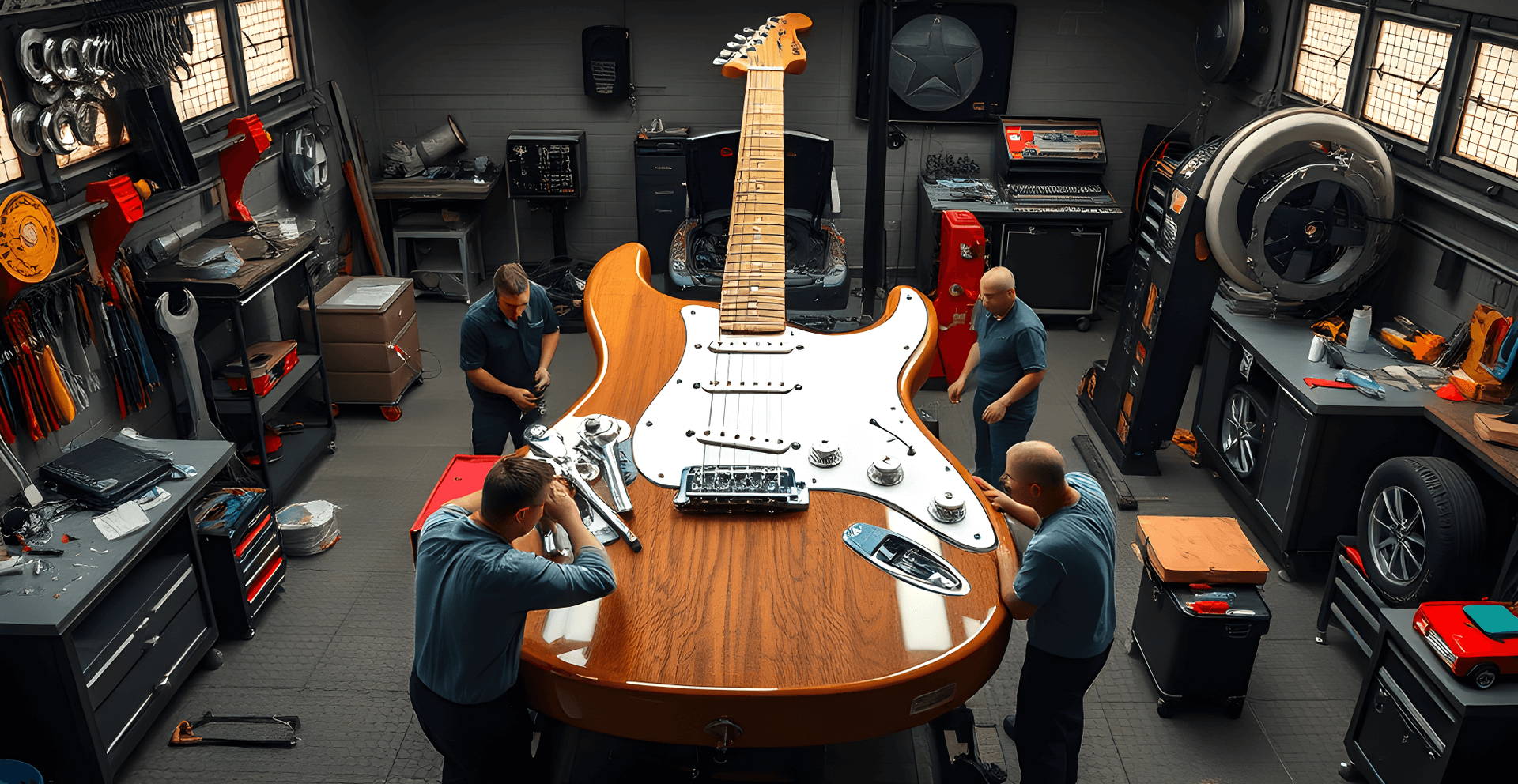 Guitar set ups - electric guitar being worked on in a workshop