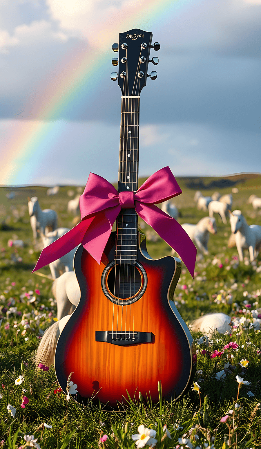 A set up guitar wrapped in a bow