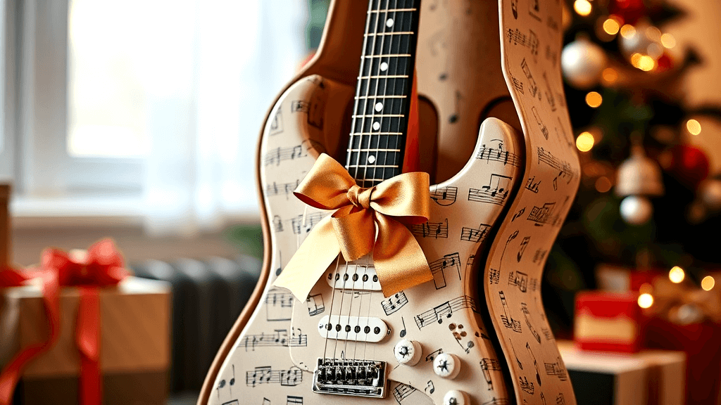 A brand new guitar wrapped as a Christmas present.