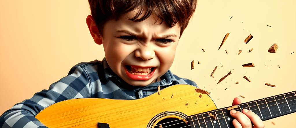 Frustrated child playing guitar but not enjoying their practice