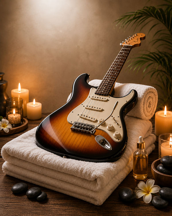 A set up guitar in a spa setting - concept image